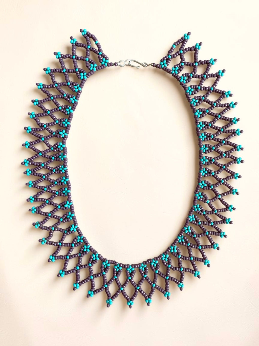 Handcrafted Woven Seed Bead Collar Necklace – Purple & Turquoise Net Lace Bib