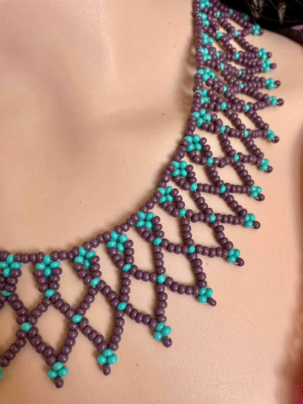 Handcrafted Woven Seed Bead Collar Necklace – Purple & Turquoise Net Lace Bib