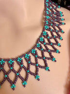 Handcrafted Woven Seed Bead Collar Necklace – Purple & Turquoise Net Lace Bib