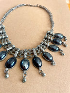 Vintage 1990s Gothic Bib Necklace – Silver Tone Hematite Look Fringe Choker