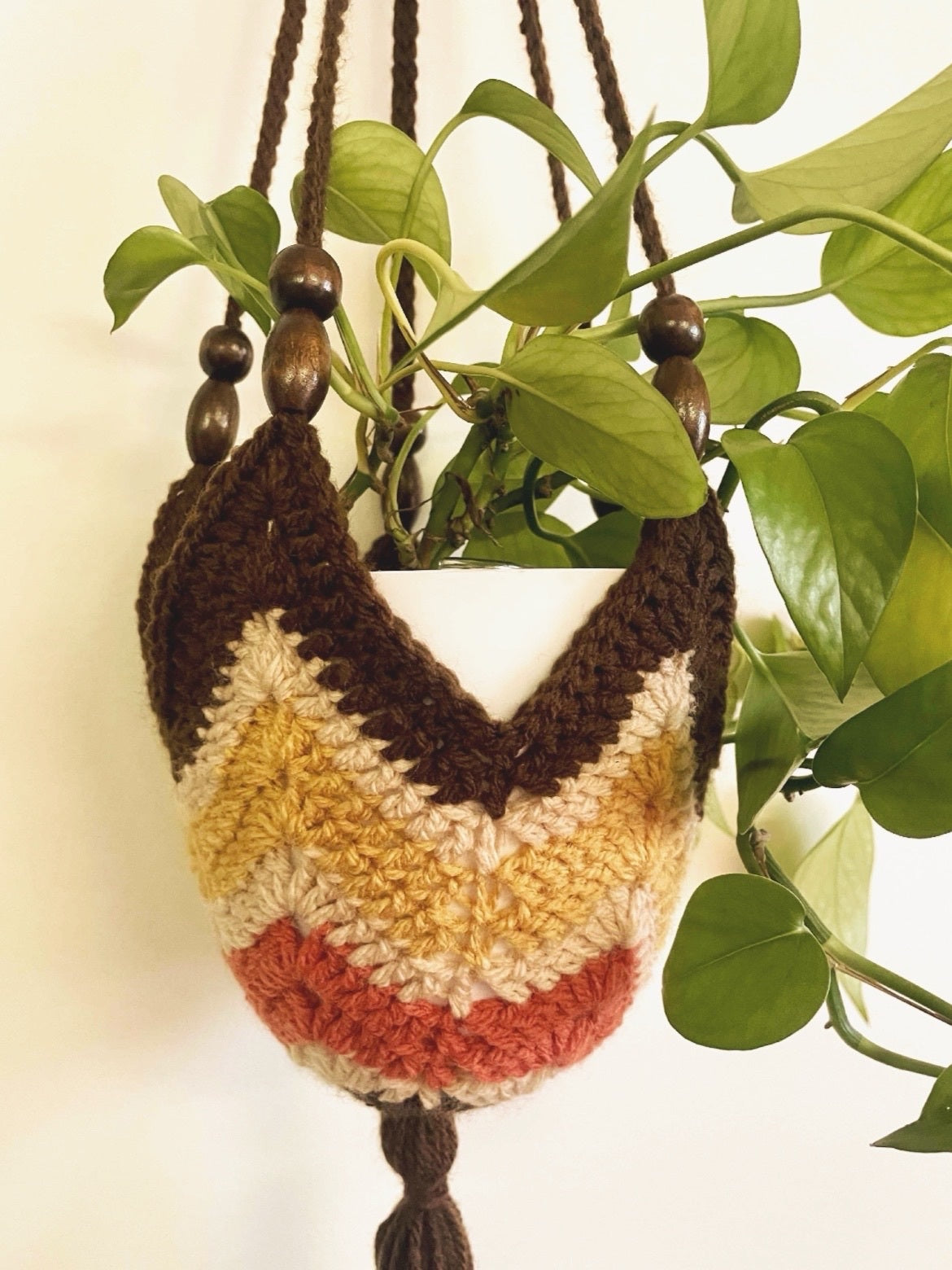 Hanging Crochet Plant Holders with Wood Beads - Warm Retro Stripes