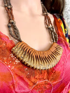Artisan Wood Bead & Genuine Leather Statement Necklace – Multi-Strand Boho Bib