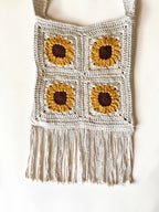 Crochet sunflower cross body bag with fringe