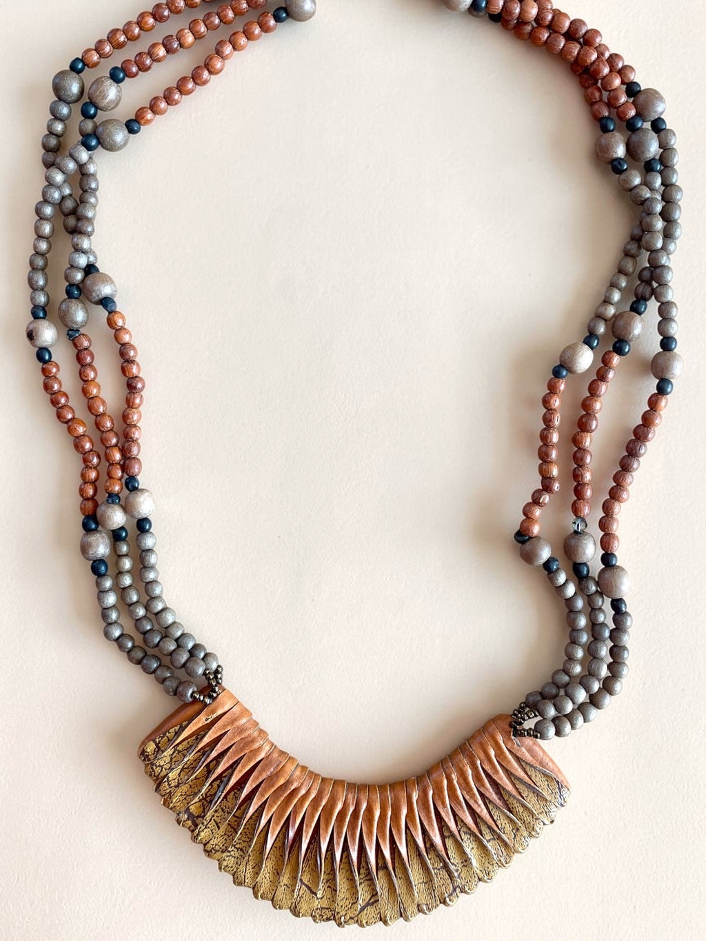 Artisan Wood Bead & Genuine Leather Statement Necklace – Multi-Strand Boho Bib