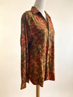 Vintage 70s Edith Kumar Geometric Button Down Shirt - Earth Tone Abstract Pattern Boho Top - Size 12-22 (OSFM)