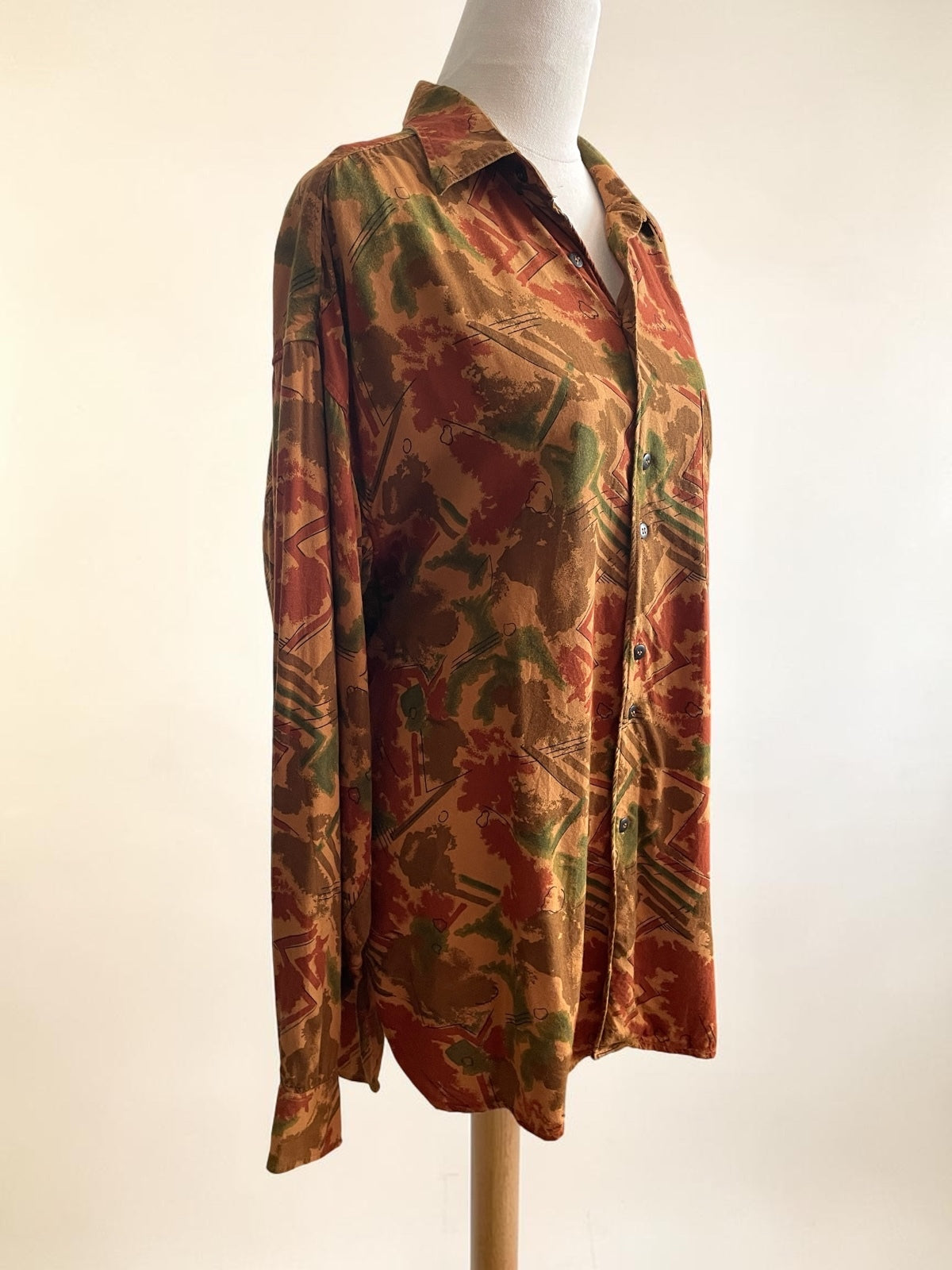 Vintage 70s Edith Kumar Geometric Button Down Shirt - Earth Tone Abstract Pattern Boho Top - Size 12-22 (OSFM)