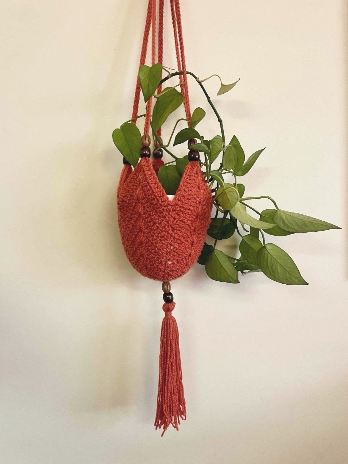 Hanging Crochet Plant Holders with Wood Beads - Orange
