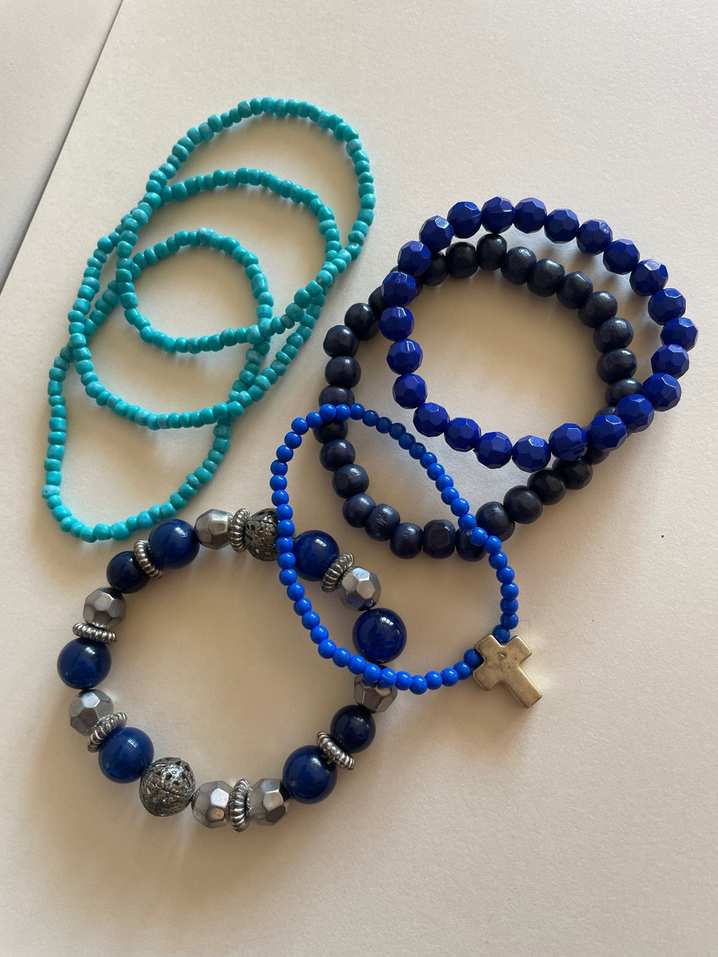 Blue Stretch Bracelet Stack - Set of 7 - Acrylic, Glass, Silver Mix