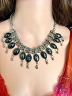 Vintage 1990s Gothic Bib Necklace – Silver Tone Hematite Look Fringe Choker