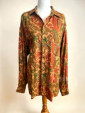 Vintage 70s Edith Kumar Geometric Button Down Shirt - Earth Tone Abstract Pattern Boho Top - Size 12-22 (OSFM)