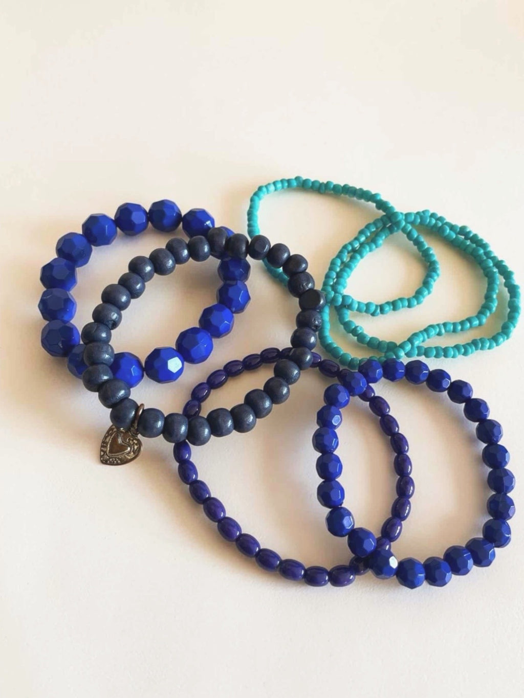 Blue Stretch Bracelet Stack - Set of 7 - Acrylic, Glass, Wood Mix