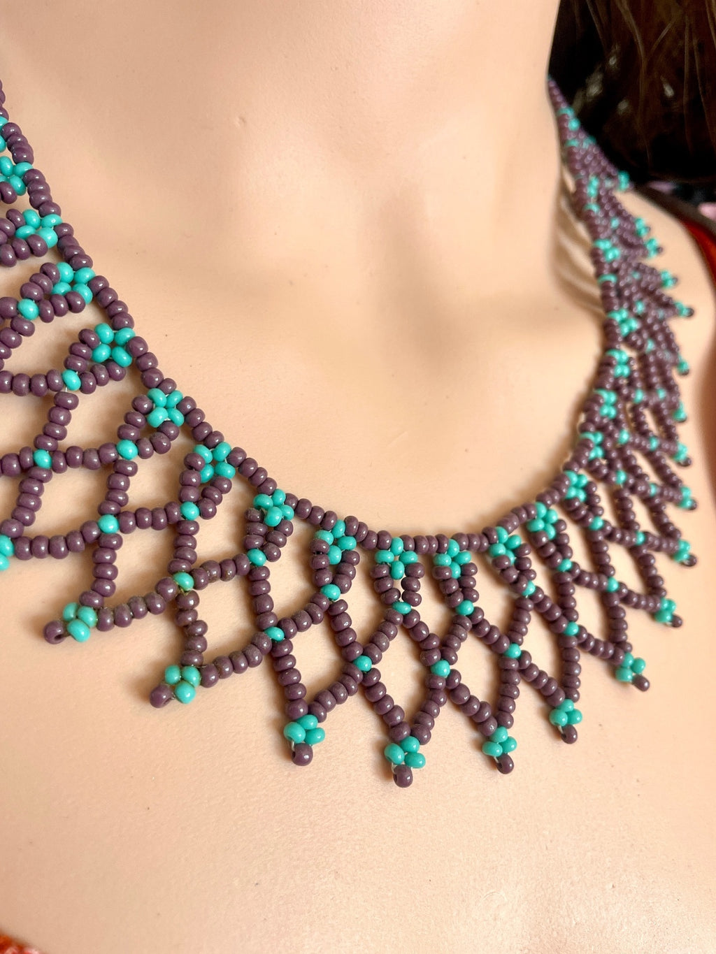 Handcrafted Woven Seed Bead Collar Necklace – Purple & Turquoise Net Lace Bib