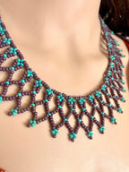 Handcrafted Woven Seed Bead Collar Necklace – Purple & Turquoise Net Lace Bib