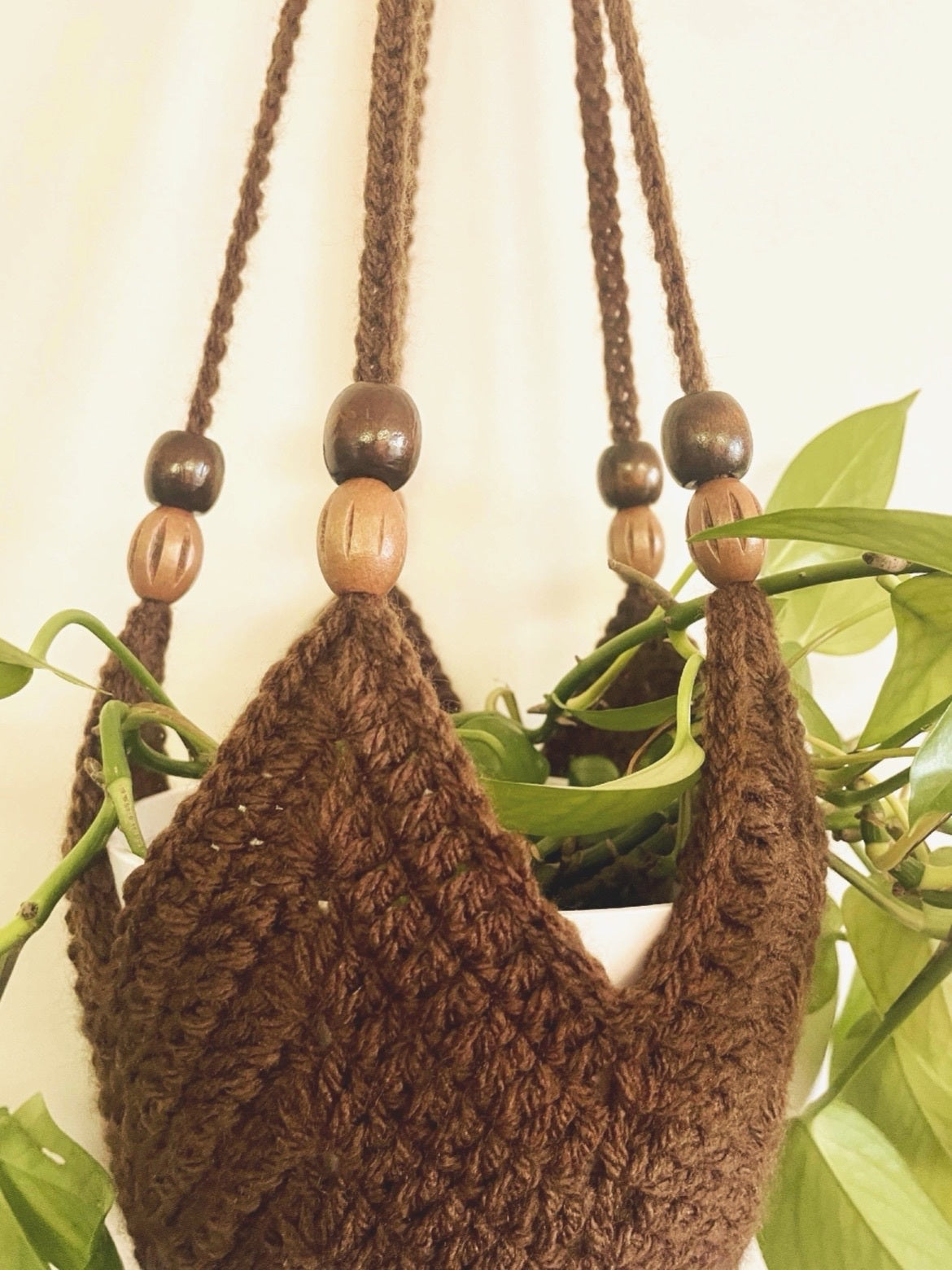 Hanging Crochet Plant Holders with Wood Beads - Chocolate Brown