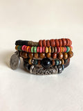 Surf Boho Bracelet Stack Mixed Media Leather Wood Bead & Coin Charm Set of 4