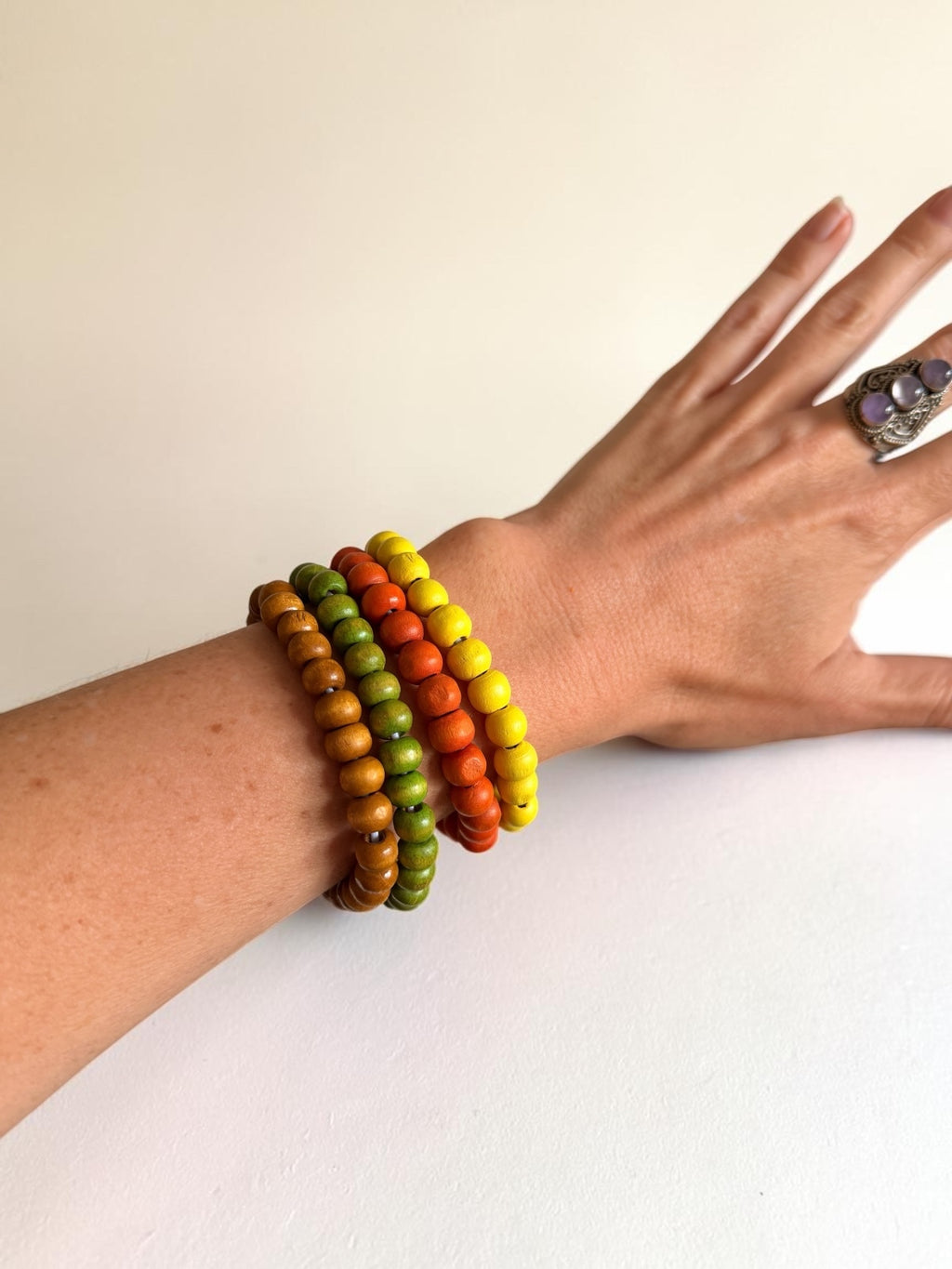 MOJO MOON Sunflower Toned Stretch Bracelet Stack Set of 4 Handmade Earthy Boho Wood Bead Bracelets