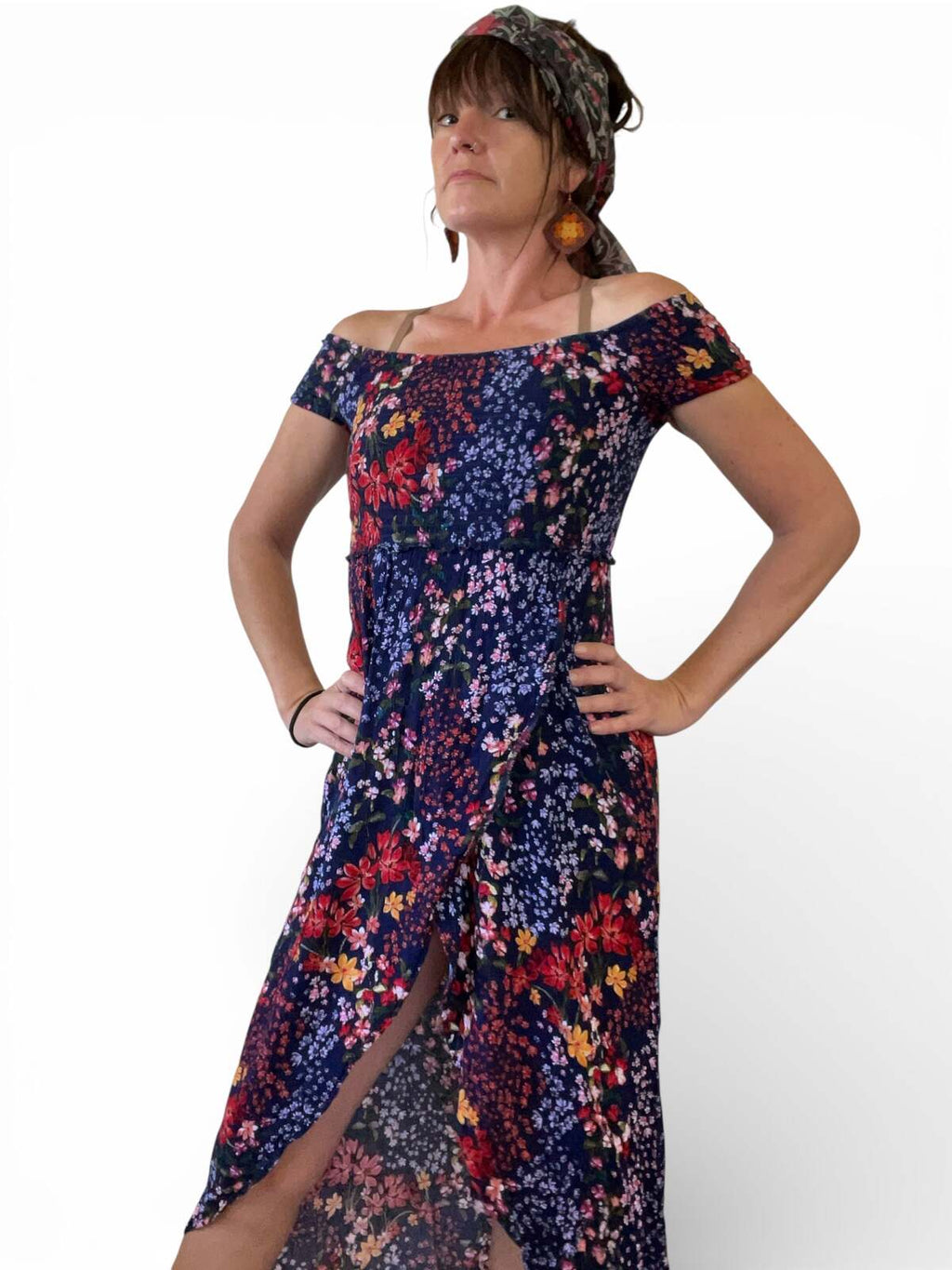Navy Floral off shoulder dress with front split
