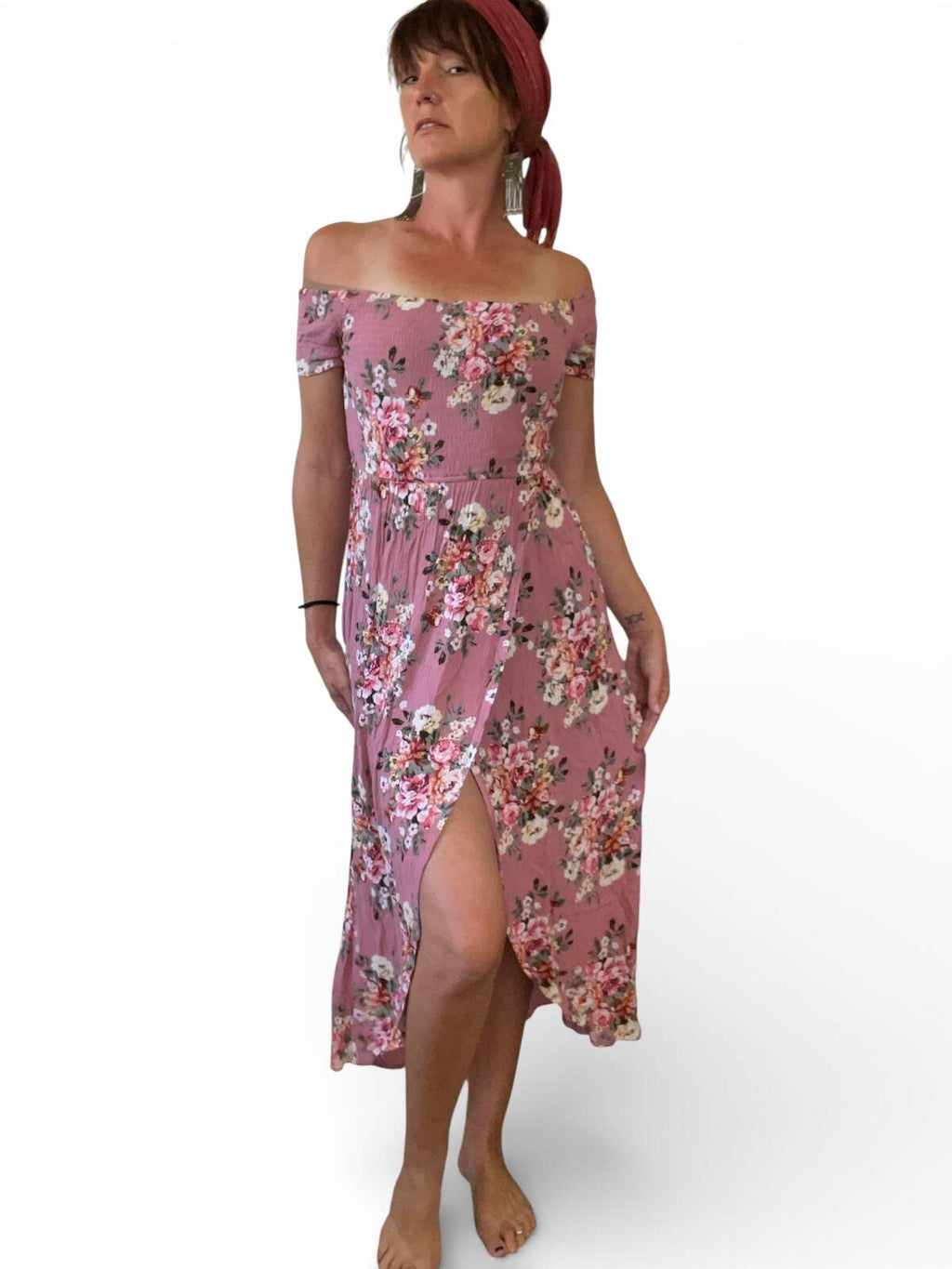 Pink Floral Off Shoulder Dress