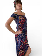 Navy Floral off shoulder dress with front split