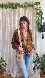 Crochet sunflower cross body bag with fringe
